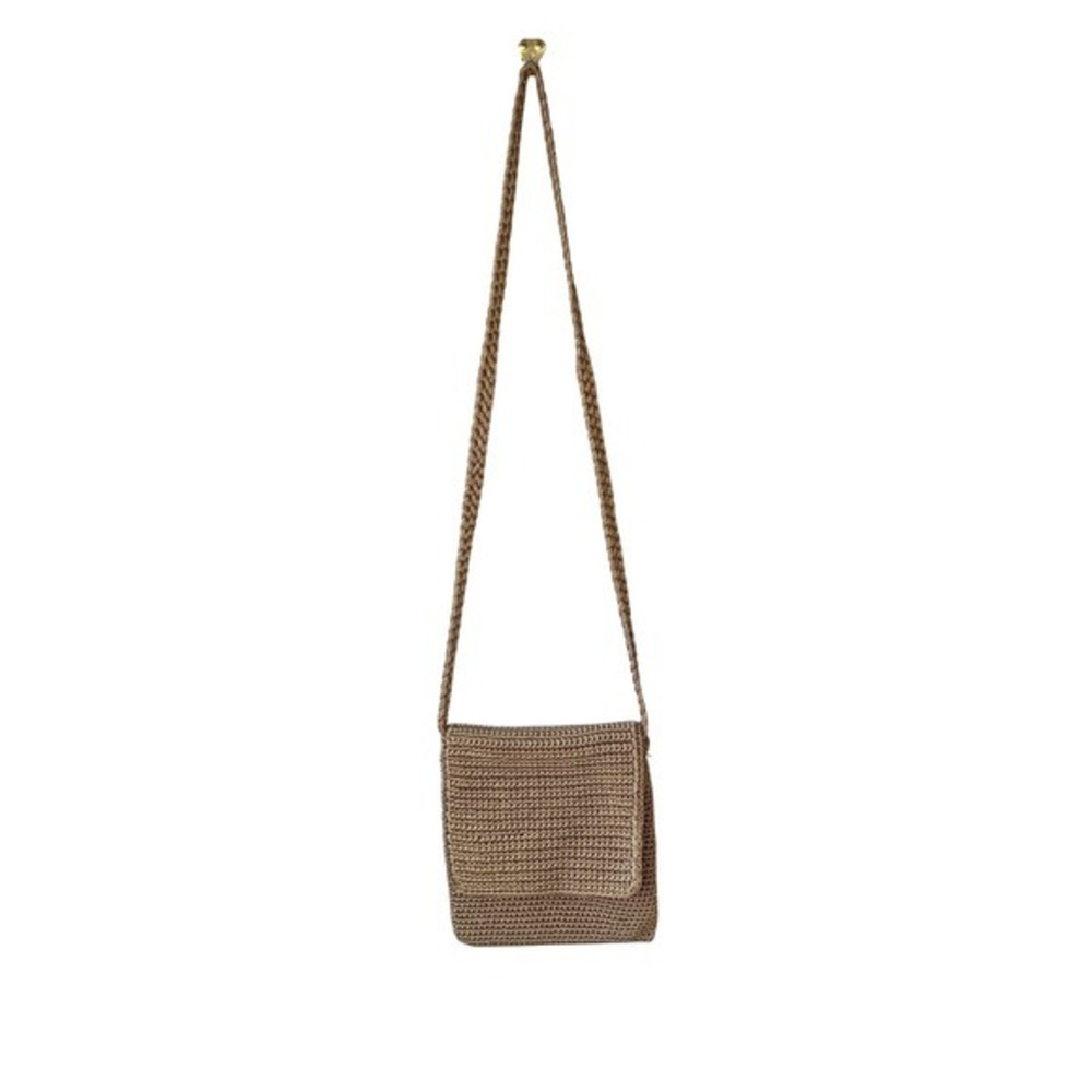 The Sak Woven Crochet Crossbody Bag Tan Gold Tone Strap Shoulder Bag